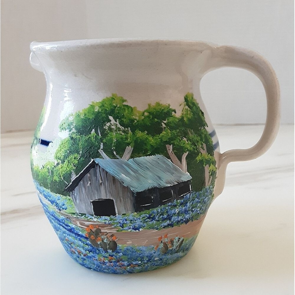 CASEY POTTERY Doris Fogel Hand Painted Barnhouse Scene Small Pitcher - Vtg
